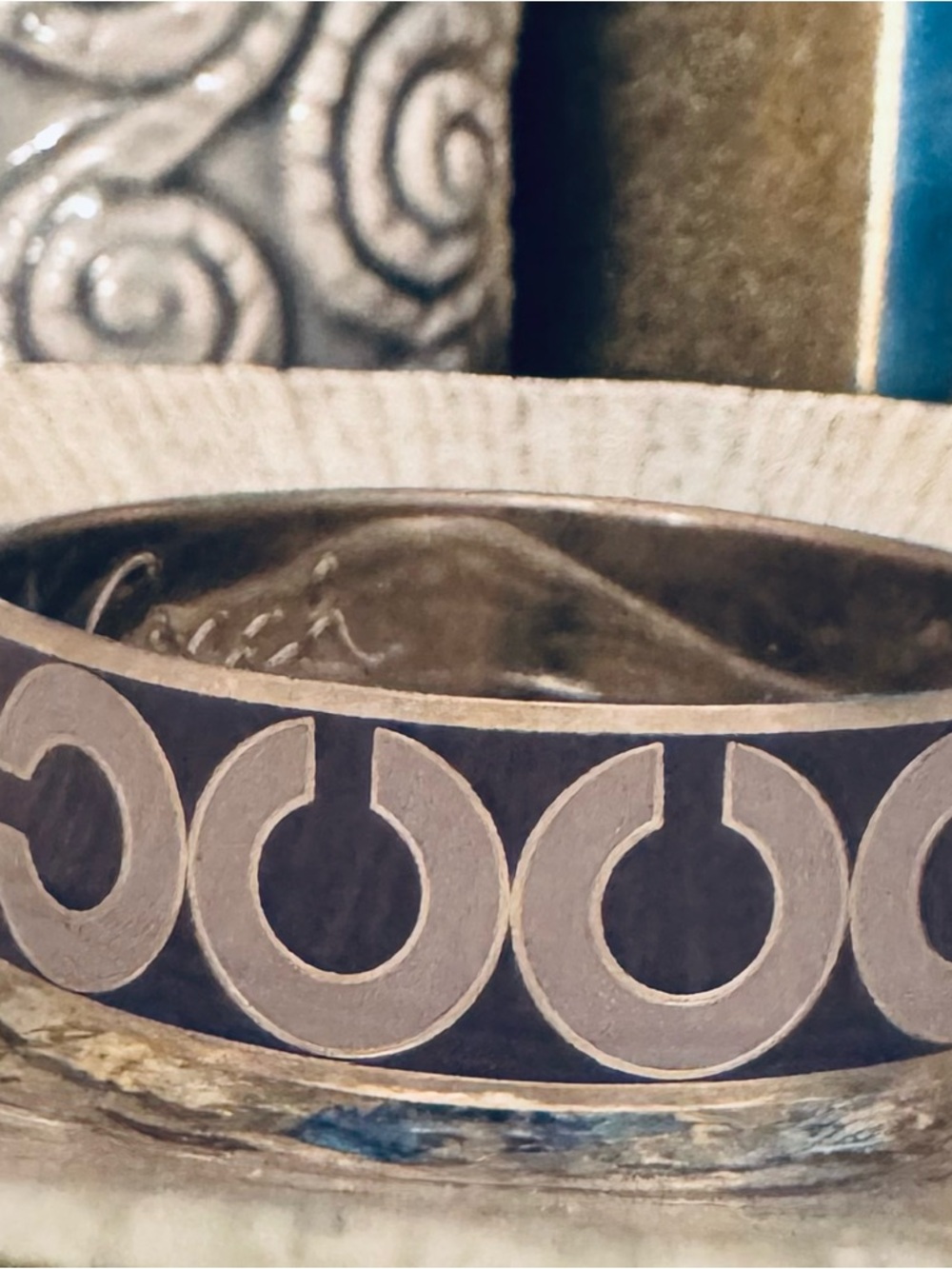 Coach Purple and Silver Logo Enamel Cuff Bracelet